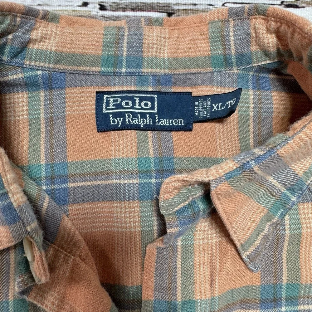 Vintage 90s Polo by Ralph Lauren Men's Peach Plaid Pearl Snap Western Shirt XL
